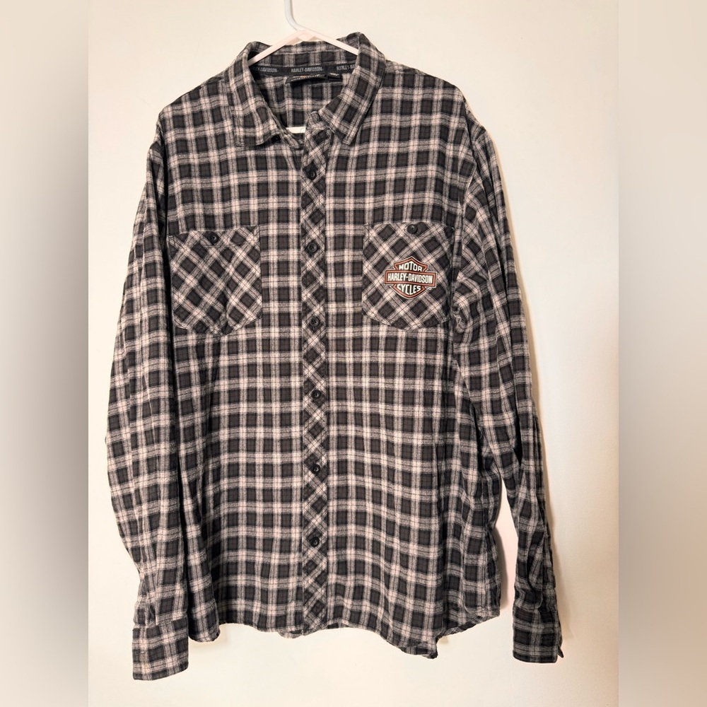Harley Davidson Flannel Shirt Mens 2XL Gray Black Plaid Button Up Biker